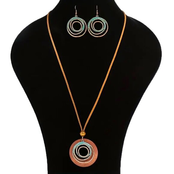 Necklace Earrings 3pc Set Spiral Wood Boho Copper Swirl Unique Stylish Trendy - Picture 3 of 4